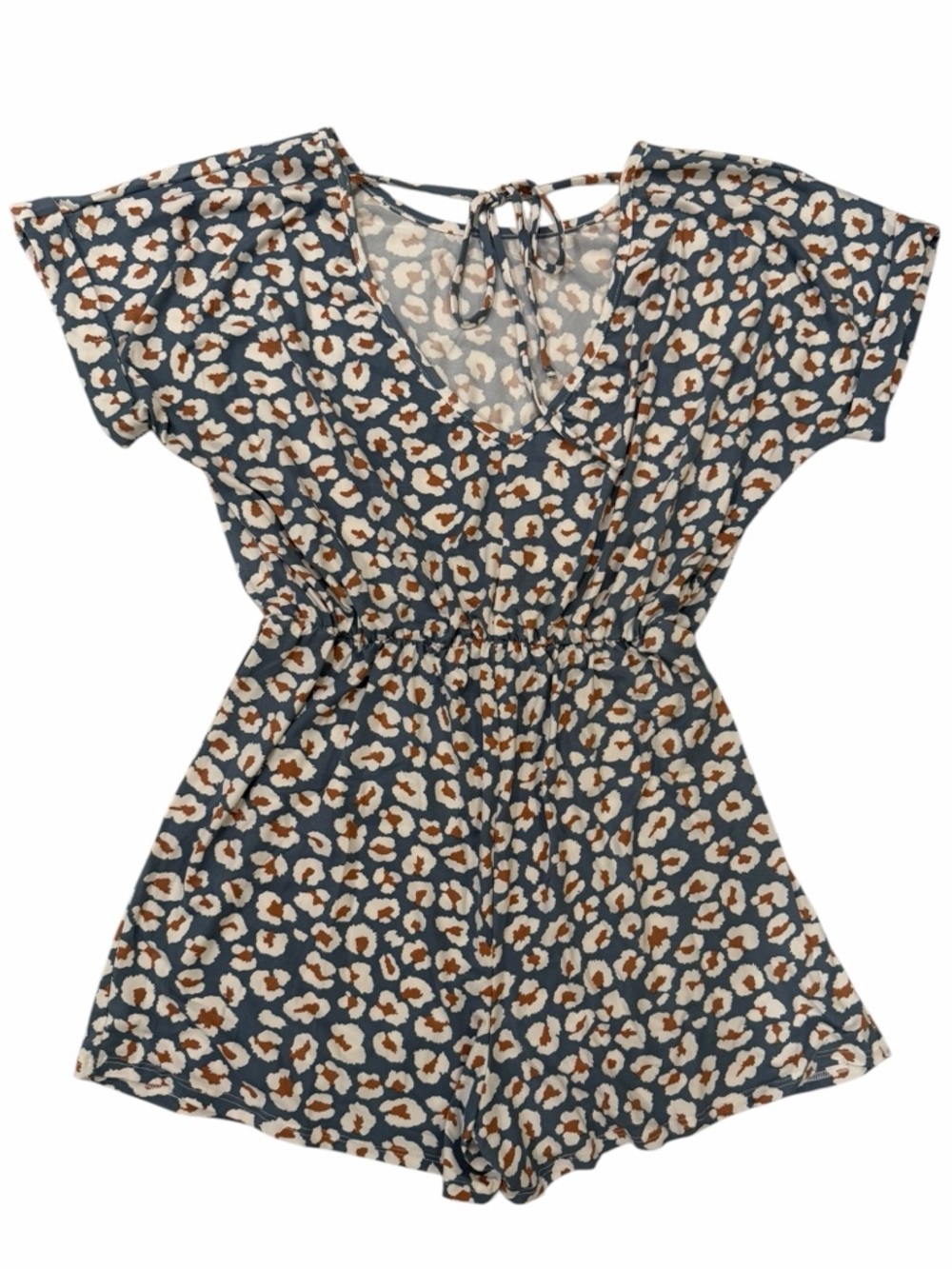 NWT Blue Leopard Romper Large Boho Beach Cinched Waist Open Back With Tie - Picture 4 of 7